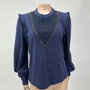 NWOT - Anthropologie Ranna Gill Navy Blue Embellished Blouse - size XS